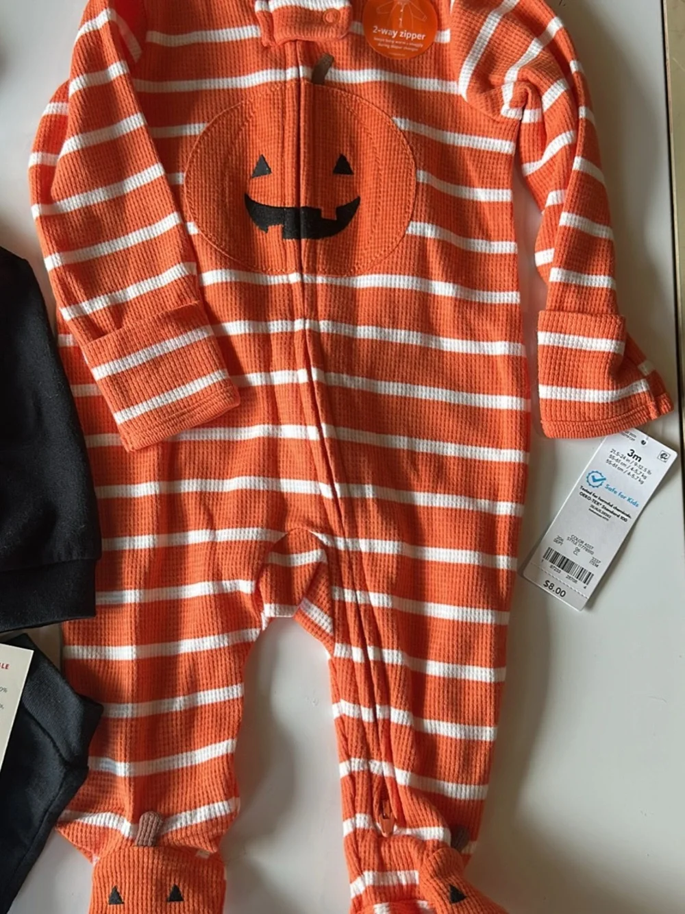 Carter's Black Cat Hooded Romper & Orange Striped Pumpkin Footie Set